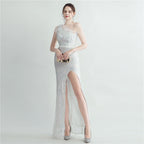 Heavy Industry Ostrich Hair Craft Bundle Hair Evening Dress with Oblique Shoulder Slit