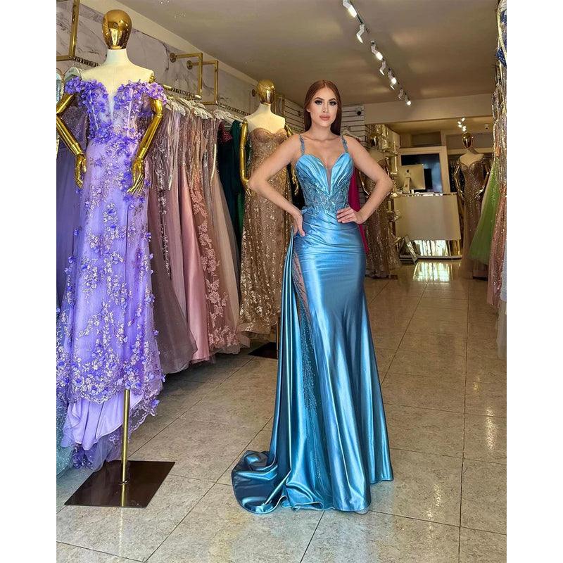 Robe de bal longue fourreau en satin à paillettes et dentelle froncée 