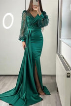 Long Sleeves V-neck Satin Mermaid Prom Dresses with Split