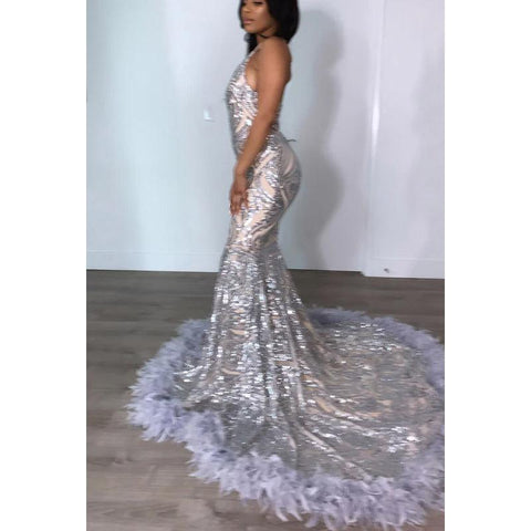 V-Neck Halter Sequins Satin Feather Mermaid Long Prom Evening Dress