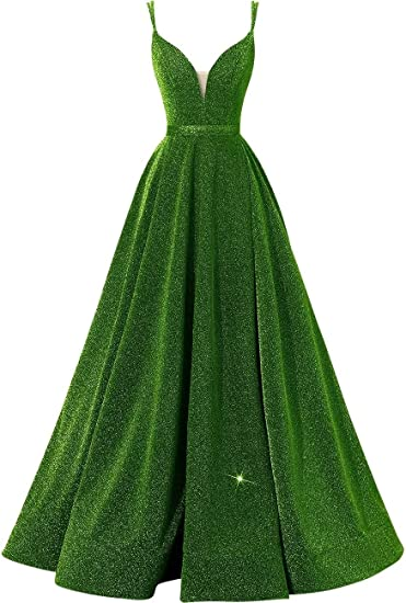 Robe de bal longue à paillettes et bretelles spaghetti, col en V, Y871