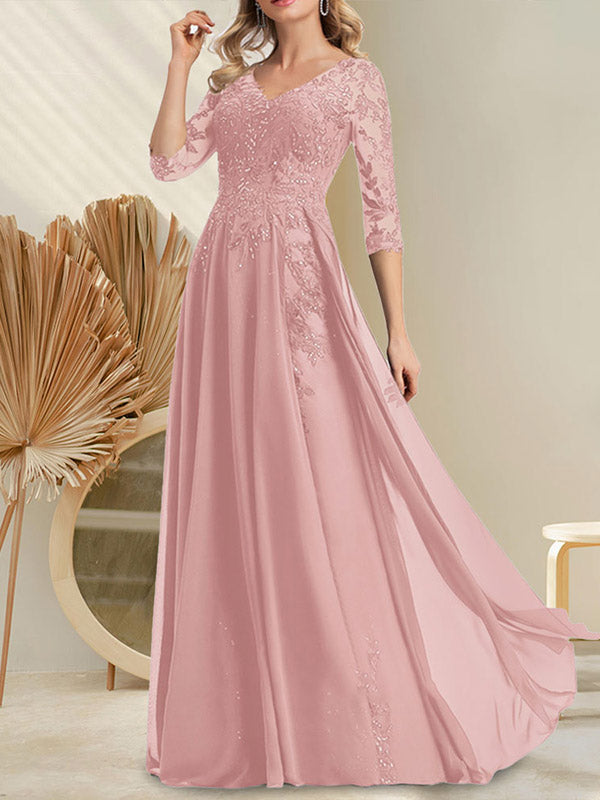 Vestido de novia de corte A, escote en V, largo hasta el suelo, de gasa de encaje con lentejuelas para la madre de la novia