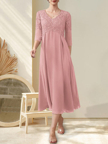 A-line V-Neck Tea-Length Chiffon Lace Mother of the Bride Dress With Beading