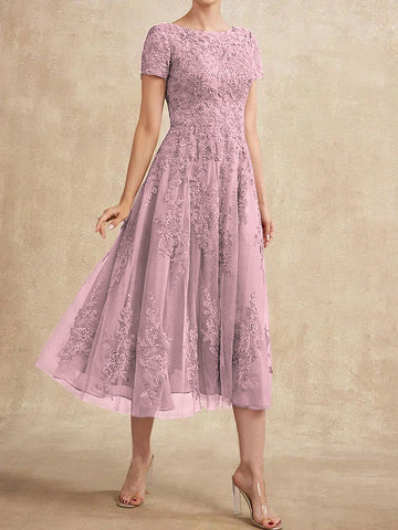 A-line Scoop Tea-Length Tulle Lace Mother of the Bride Dress