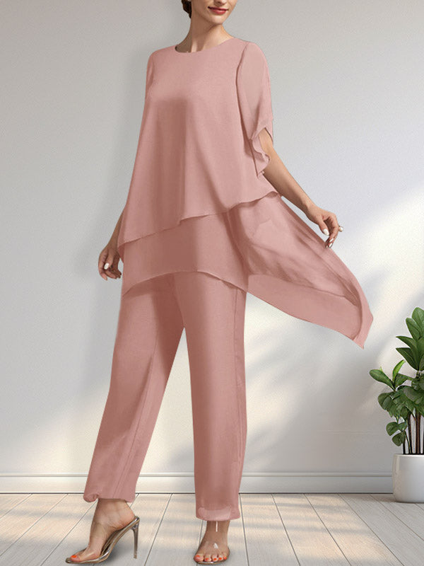 Vestido de gasa de dos piezas para la madre de la novia: mono/traje pantalón con escote redondo y largo hasta el tobillo.