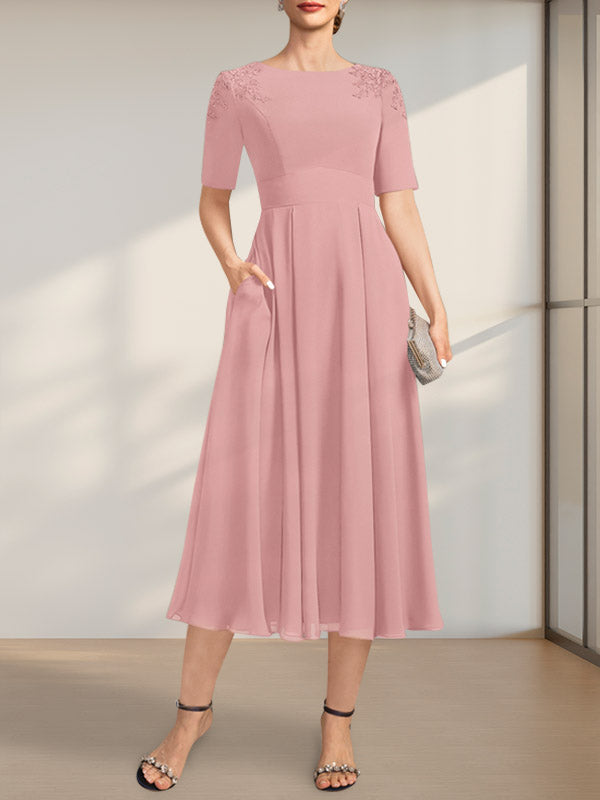 Vestido de corte A, escote redondo, largo té, de gasa, para la madre de la novia, con apliques de encaje y lentejuelas.