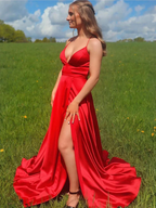 Vestidos largos de fiesta rojos de satén con escote en V y corte en A, vestidos largos de noche formales rojos con escote en V Y232