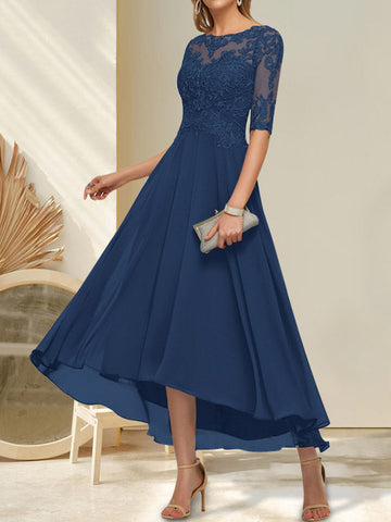 A-line Boat Neck Illusion Asymmetrical Chiffon Lace Mother of the Bride Dress With Sequins Beading
