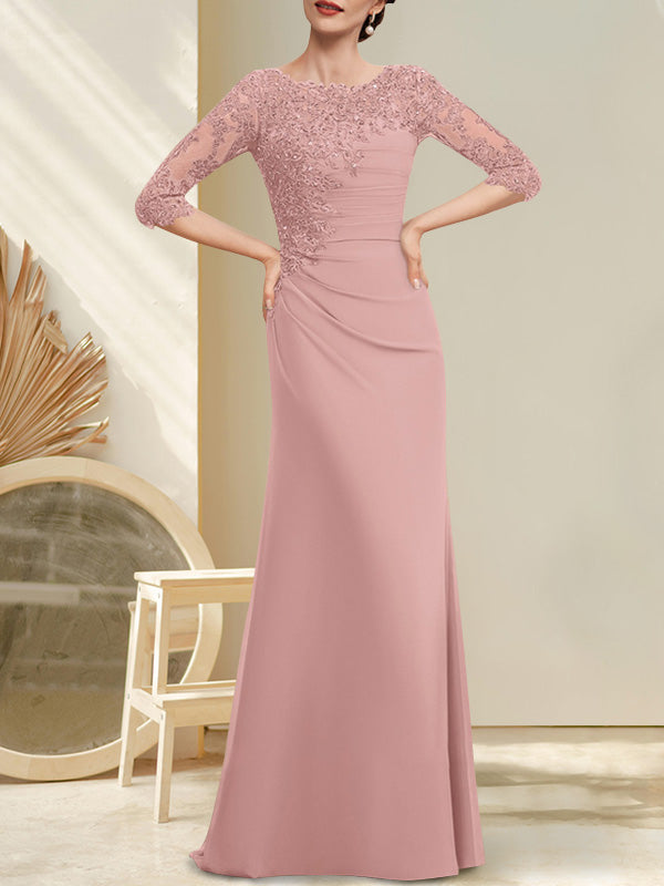 Robe de mariée trapèze en mousseline de soie et dentelle, longue jusqu'au sol, ornée de perles et de sequins plissés, idéale pour la mère de la mariée.