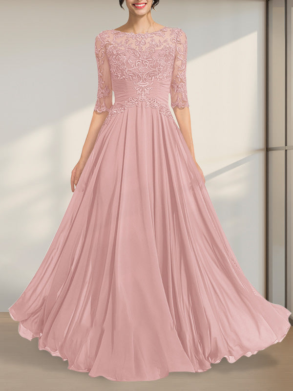 Vestido de novia de corte A, escote ilusión, largo hasta el suelo, de gasa y encaje, con lentejuelas plisadas.