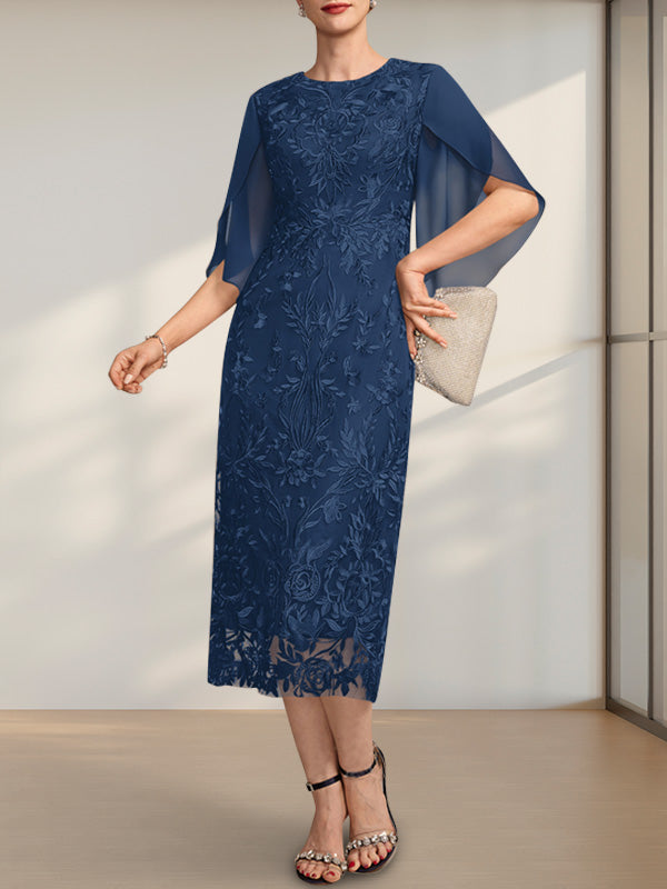 Vestido de novia de gasa de encaje, corte recto/columna, largo hasta la rodilla, con escote redondo.