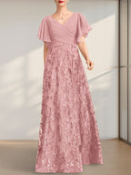 Vestido de novia de corte A, escote en V, largo hasta el suelo, de encaje, lentejuelas y gasa, con pliegues.