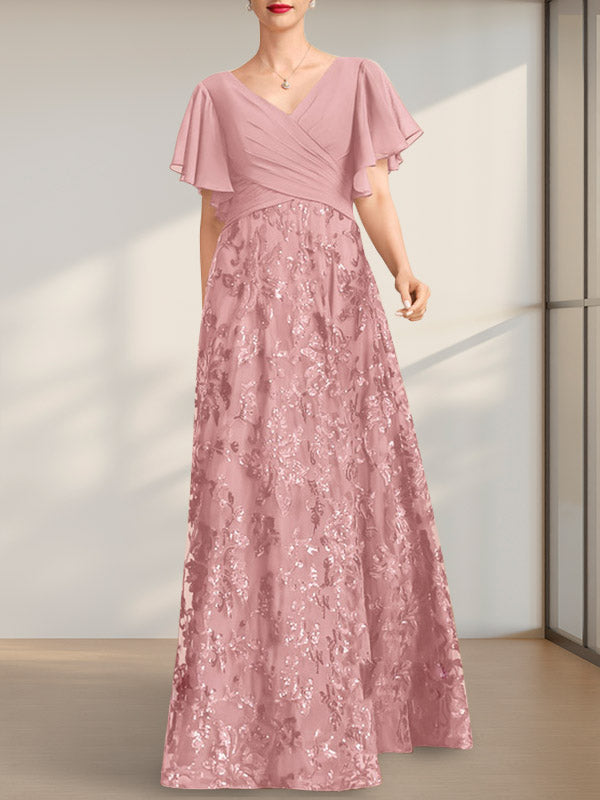 Vestido de novia de corte A, escote en V, largo hasta el suelo, de encaje, lentejuelas y gasa, con pliegues.