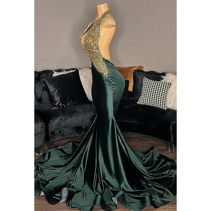 Vestido de fiesta de corte trompeta/sirena con escote en V, apliques de satén y espalda descubierta, sin mangas