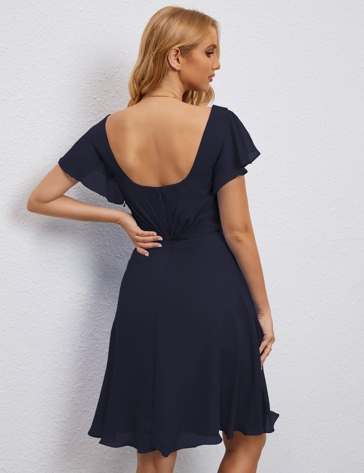 Robe de soirée dos nu, robe de bal formelle, longueur genou, manches courtes, robe de cocktail 28077 