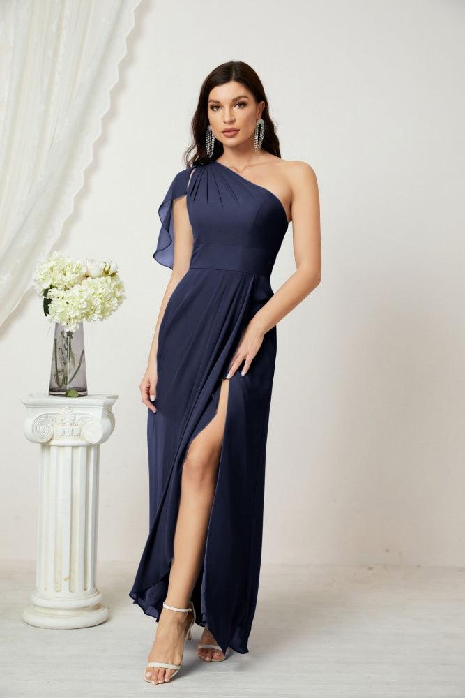 Baoleely  Chiffon Ruffled One Shoulder Long Bridesmaid Dresses A-line Formal Evening Gown Side Split 2809
