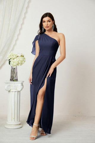 Robe de demoiselle d'honneur longue en mousseline de soie à volants et à une épaule, coupe trapèze, robe de soirée formelle fendue sur le côté, 2809