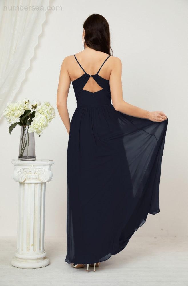Robe de demoiselle d'honneur en mousseline de soie, longue, coupe trapèze, col en V, pour soirée de mariage, 2801 