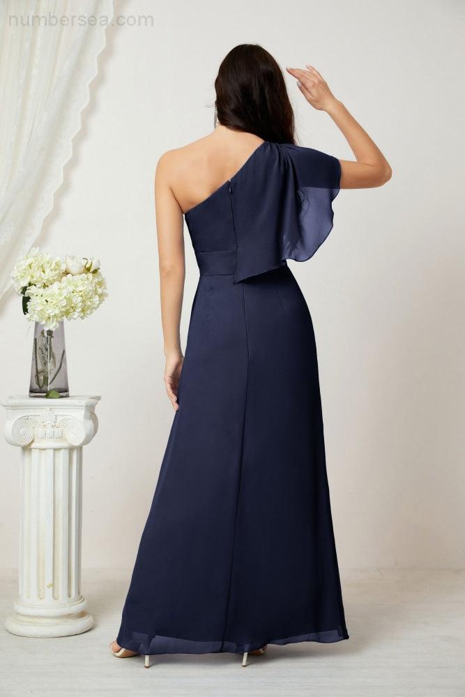 Baoleely  Chiffon Ruffled One Shoulder Long Bridesmaid Dresses A-line Formal Evening Gown Side Split 2809