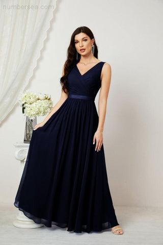 Vestidos largos de dama de honor de gasa para mujer, corte A, sin mangas, vestido formal para fiesta de noche, vestidos de bienvenida 2808 