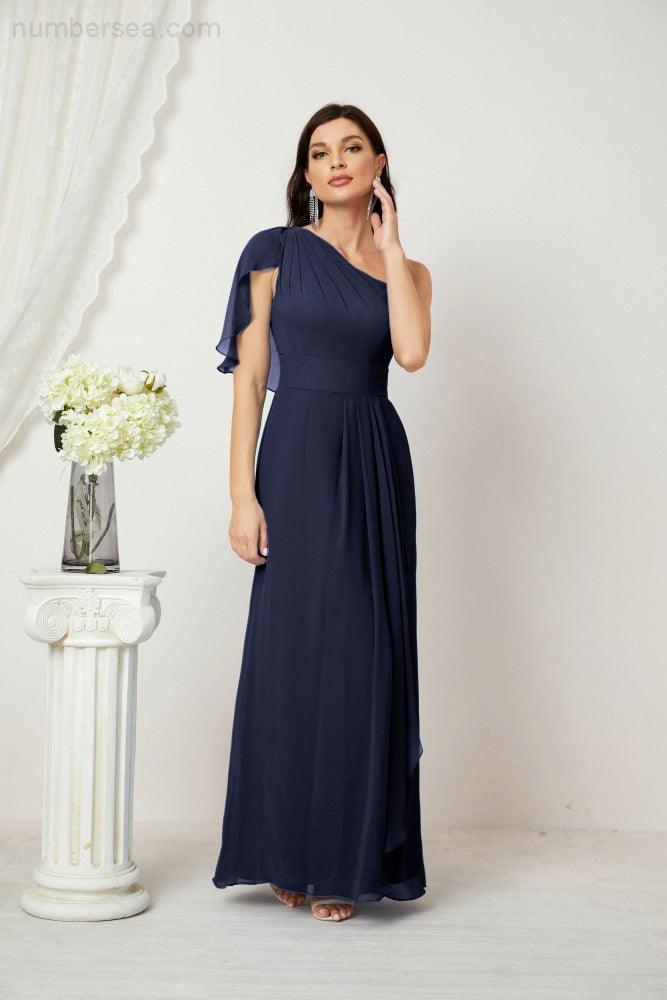 Baoleely  Chiffon Ruffled One Shoulder Long Bridesmaid Dresses A-line Formal Evening Gown Side Split 2809