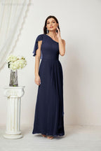 Baoleely  Chiffon Ruffled One Shoulder Long Bridesmaid Dresses A-line Formal Evening Gown Side Split 2809