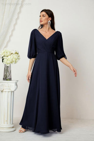 Baoleely  Formal Prom Gown Women V-Neck Chiffon Bridesmaid Dresses Long Bishop Sleeve Party Dress 2807