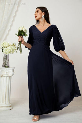Baoleely  Formal Prom Gown Women V-Neck Chiffon Bridesmaid Dresses Long Bishop Sleeve Party Dress 2807