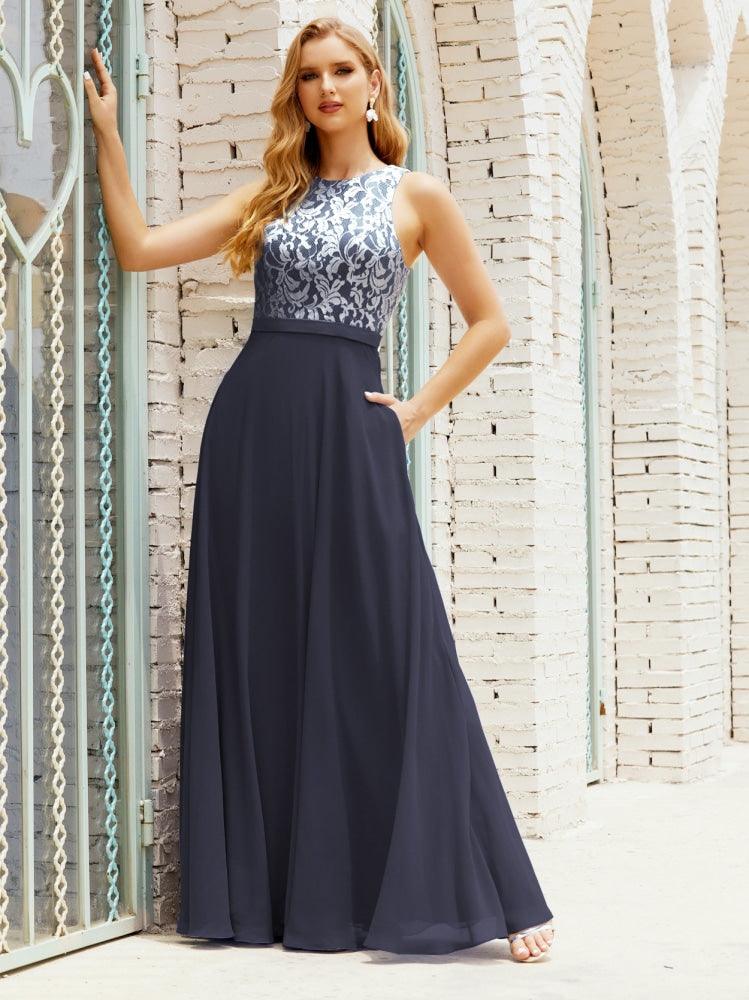 Vestido de dama de honor de encaje, largo hasta el suelo, con bolsillos, 28017 
