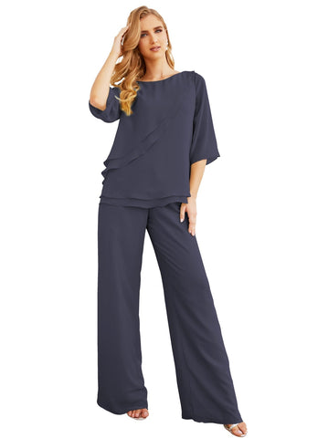 Elegante conjunto de pantalón y bata plateada de dos piezas para la madre de la novia, talla grande, con volantes, Sunderly Elegant SY28064