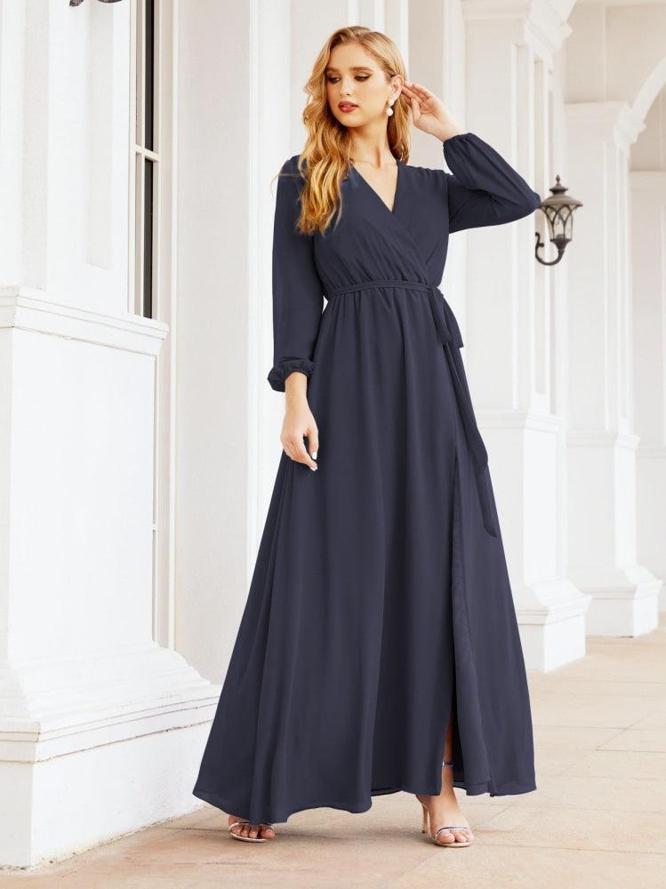 Vestido de dama de honor de gasa para mujer Sunderly, corte en A, manga larga, vestido de noche formal para invitada de boda SY28032 