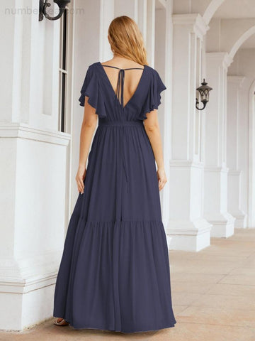 Vestido de fiesta formal de noche con espalda descubierta para mujer Baoleely, escote en V, largo, de gasa, con cinturón a la cintura 28038