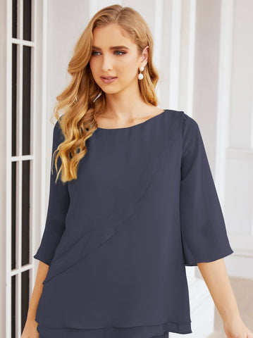 Elegante conjunto de pantalón y bata plateada de dos piezas para la madre de la novia, talla grande, con volantes, Sunderly Elegant SY28064