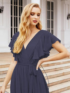 Baoleely Women's Open Back Formal Evening Party Prom Gowns V-Neck Long Chiffon Bridesmaid Dresses with Waist Belt 28038