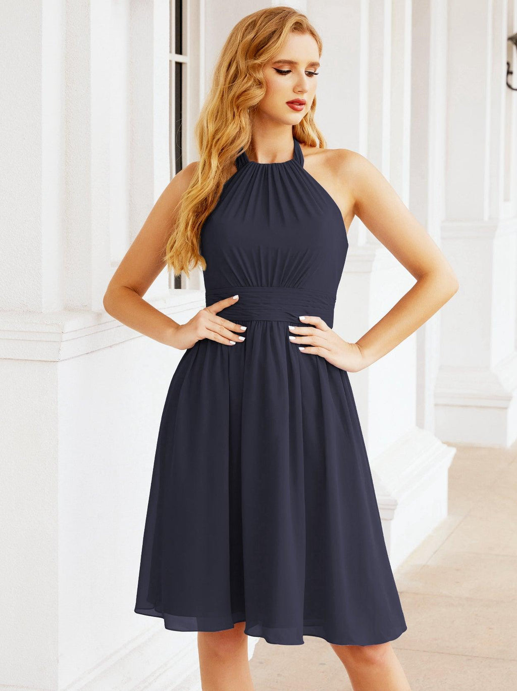 Robe de demoiselle d'honneur courte en mousseline de soie, dos nu, sans manches, robe de soirée formelle, dos nu, Baoleely 28023 
