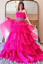 Robe de bal longue bleue tendance, sans bretelles, coupe trapèze, ornée de perles