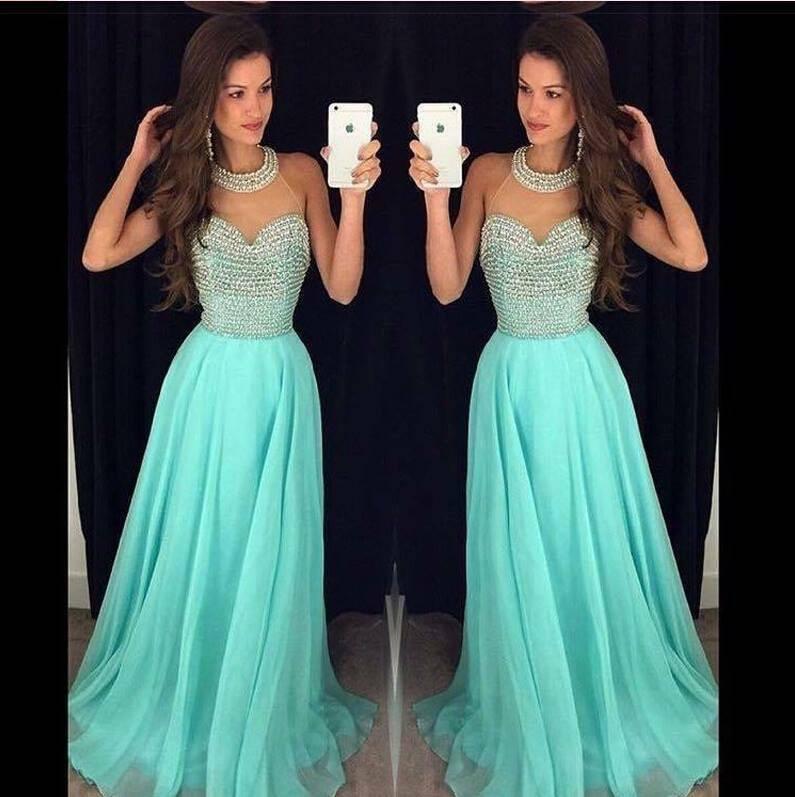 Chiffon Fashion O Neck Long Prom Dresses with Beading, Party Dresses