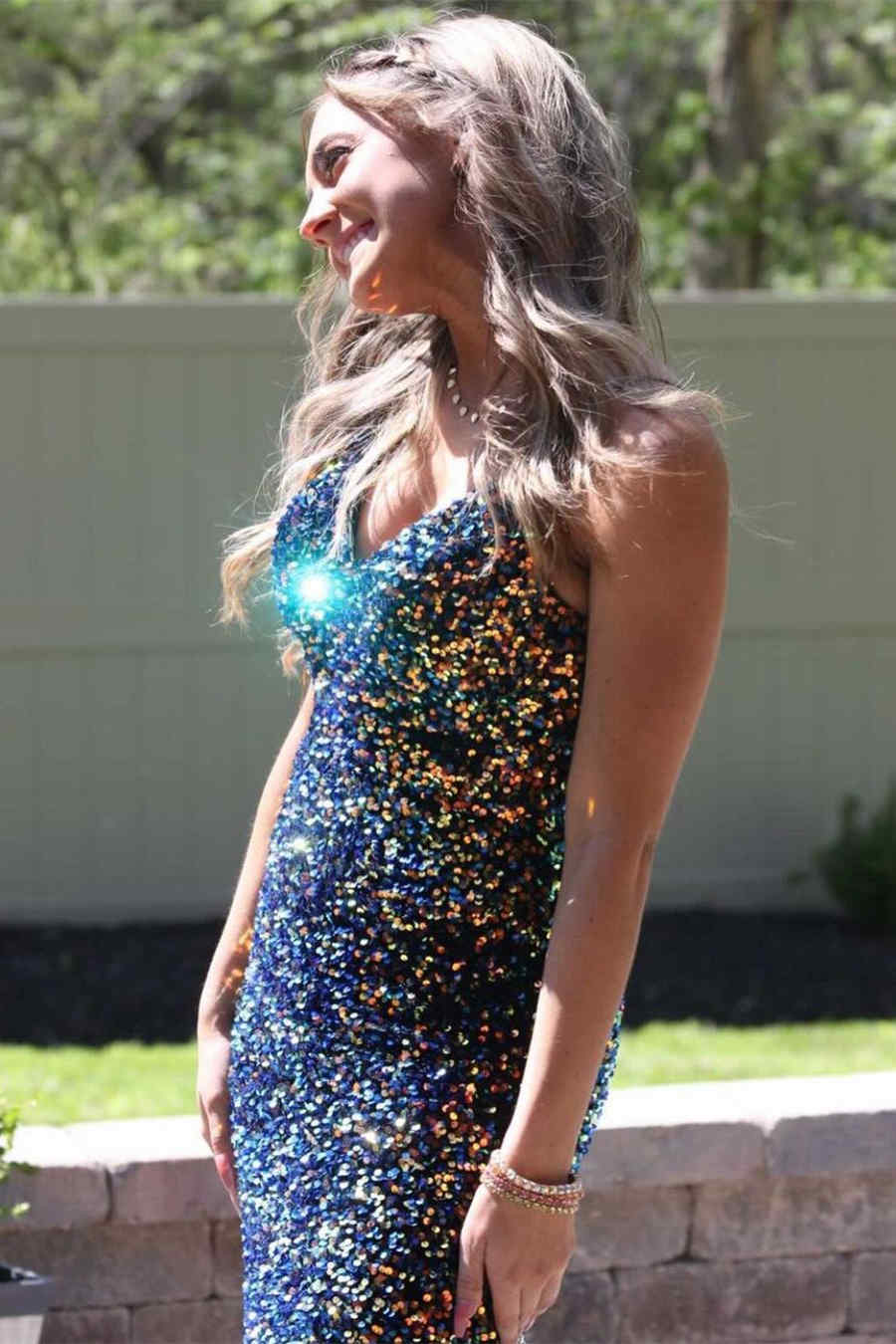Robe de bal sirène bleu marine à paillettes