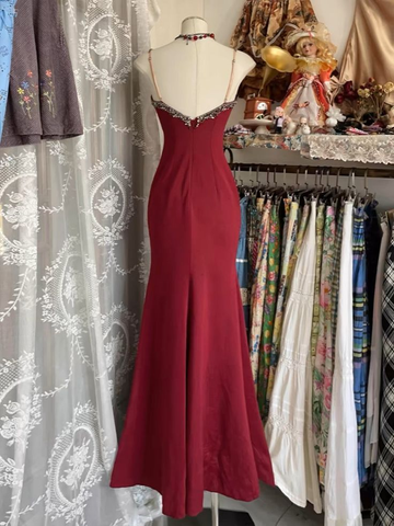 Robe de soirée sirène en dentelle bordeaux, bretelles, modèle Y7685