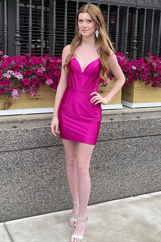 Bodycon Spaghetti Straps Fuchsia Corset Homecoming Dress