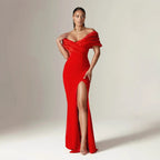 Off Shoulder Ruched Slit Satin Maxi Prom Dress