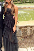 Elegante vestido de graduación negro de tul con capas y corte en A, vestido largo de noche con corsé transparente, vestido de graduación Y458