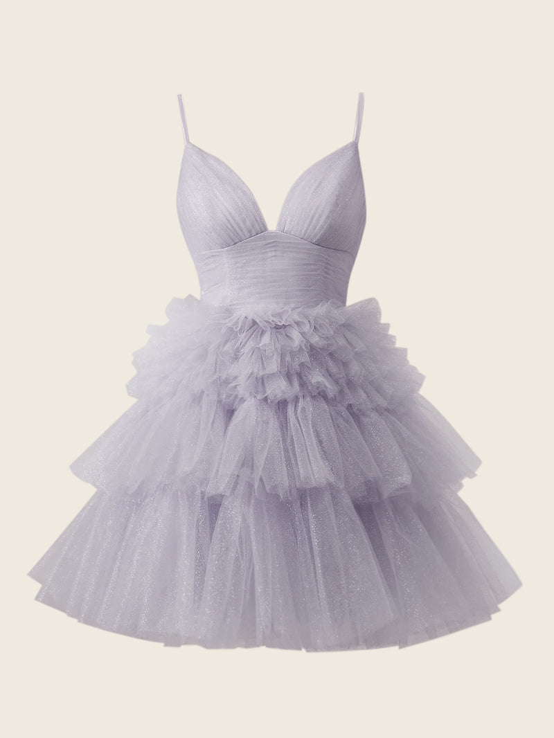Vestido corto de fiesta de bienvenida con escote en V profundo y corte en A, de corte asimétrico y volantes.