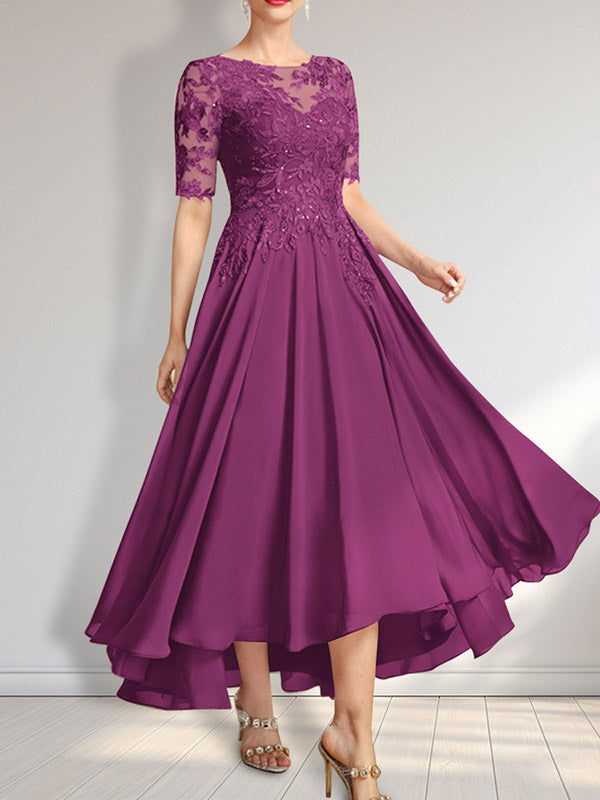 Robe de mère de la mariée asymétrique en mousseline de soie et dentelle, coupe trapèze, décolleté illusion, ornée de sequins 