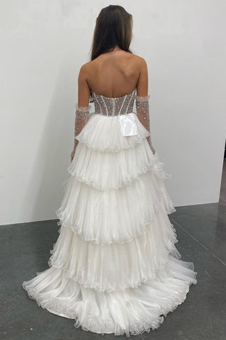 Vestido de graduación de organza con escote corazón, corte en A y mangas desmontables