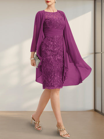 Robe de mère de la mariée en mousseline de dentelle, coupe fourreau/colonne, longueur genou, effet illusion, volants cascade et sequins