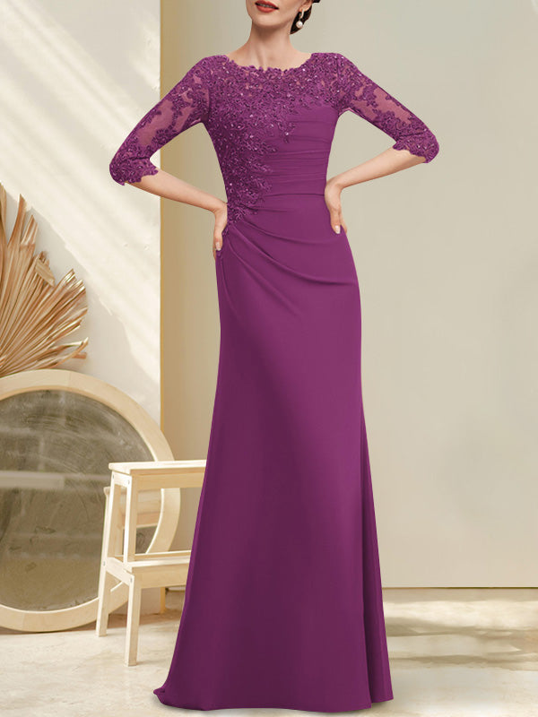Vestido de corte A, escote redondo, largo hasta el suelo, de gasa, encaje, con cuentas, lentejuelas plisadas, para la madre de la novia.