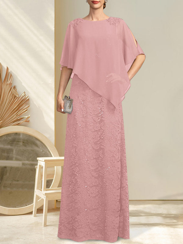 Vestido de novia de corte recto/columna, largo hasta el suelo, de gasa con encaje y lentejuelas, con escote redondo y pedrería.
