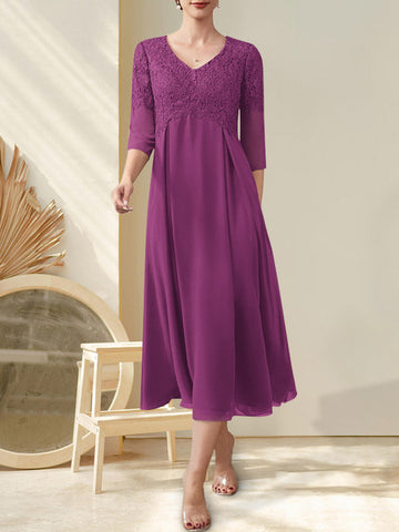 A-line V-Neck Tea-Length Chiffon Lace Mother of the Bride Dress With Beading