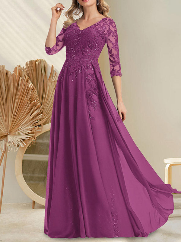Vestido de novia de corte A, escote en V, largo hasta el suelo, de gasa de encaje con lentejuelas para la madre de la novia